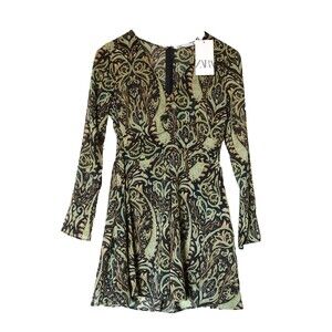 Zara Boho Paisley Long Sleeve Print Fit & Flare Mini Dress V Neck Size M NWT